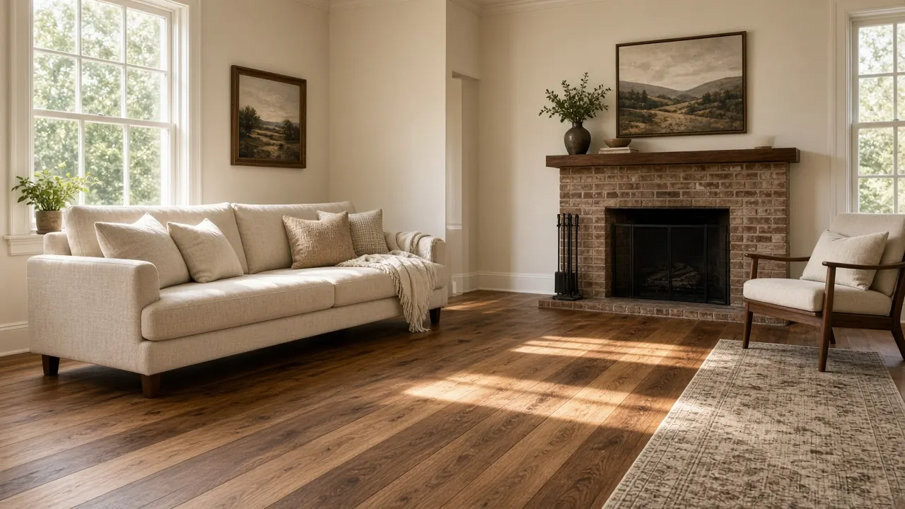 Wide hardwood planks in a living room with a brick fireplace.