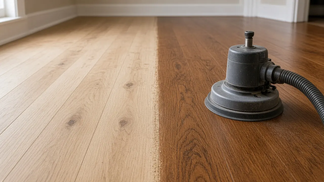 Oak flooring partly sanded beside a floor buffer.